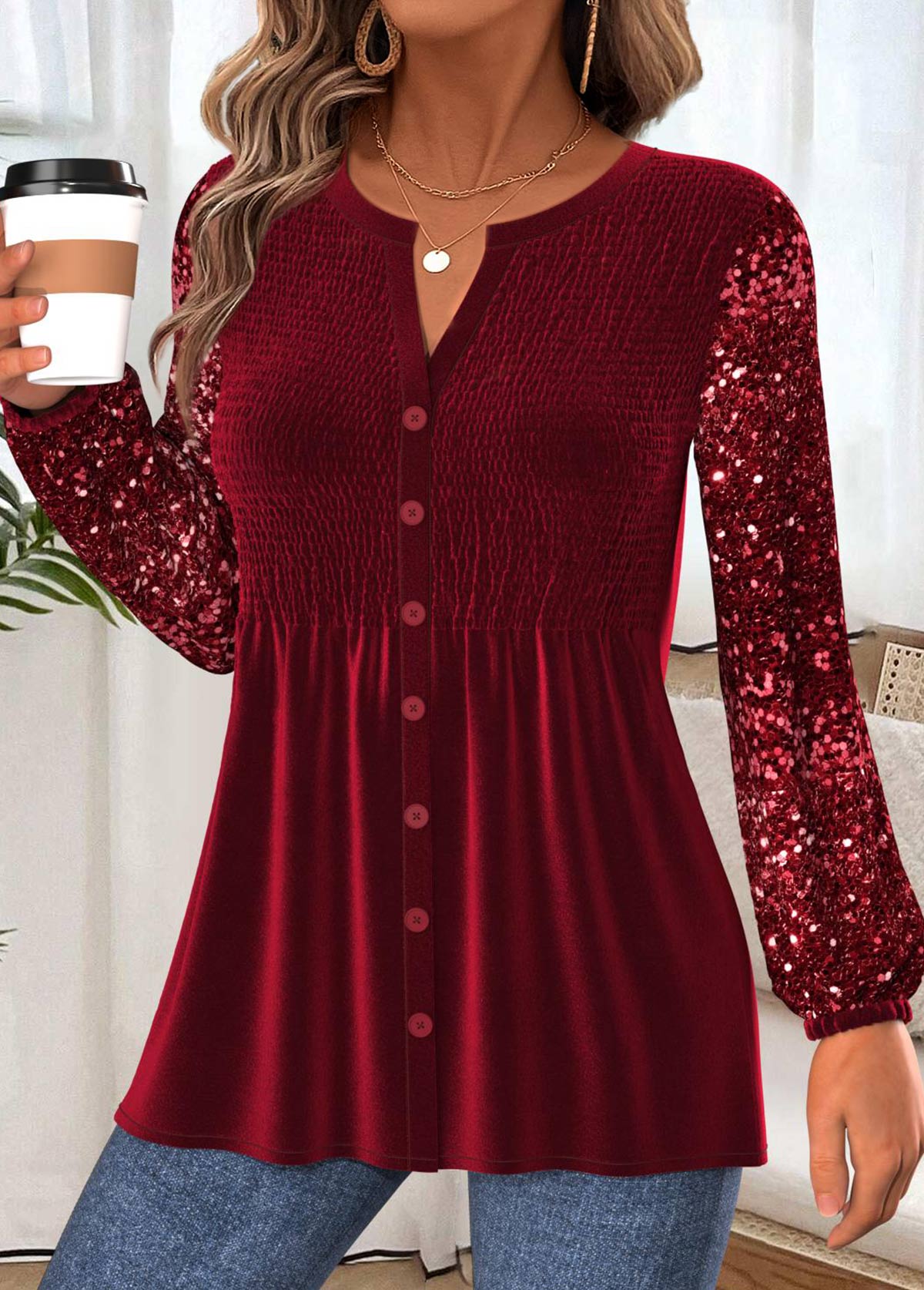 Wine Red Peplum Long Sleeve Split Neck Blouse | picture 