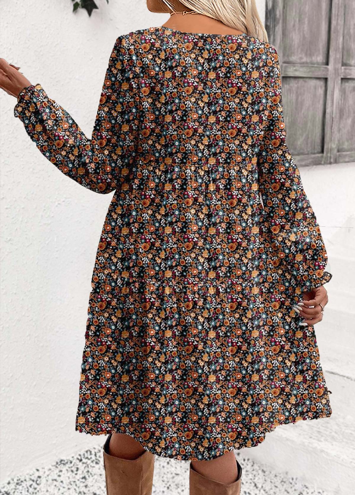 Multi Color Ditsy Floral Print Short Long Sleeve Dress | picture 
