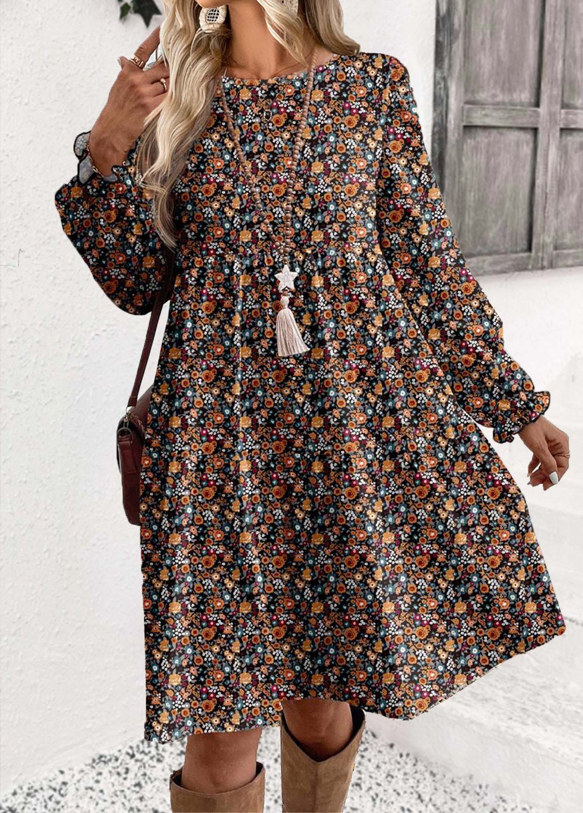 Multi Color Ditsy Floral Print Short Long Sleeve Dress | picture 
