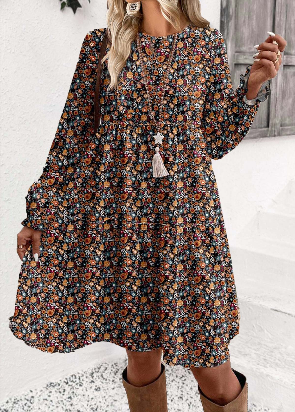 Multi Color Ditsy Floral Print Short Long Sleeve Dress | picture 