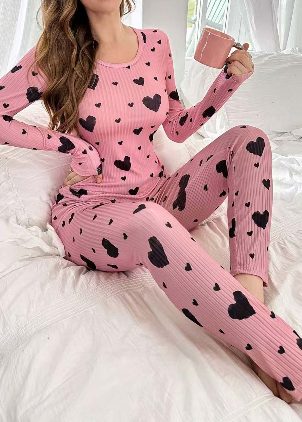Pink Heart Print Long Sleeve Lounge Top and Pants | picture 