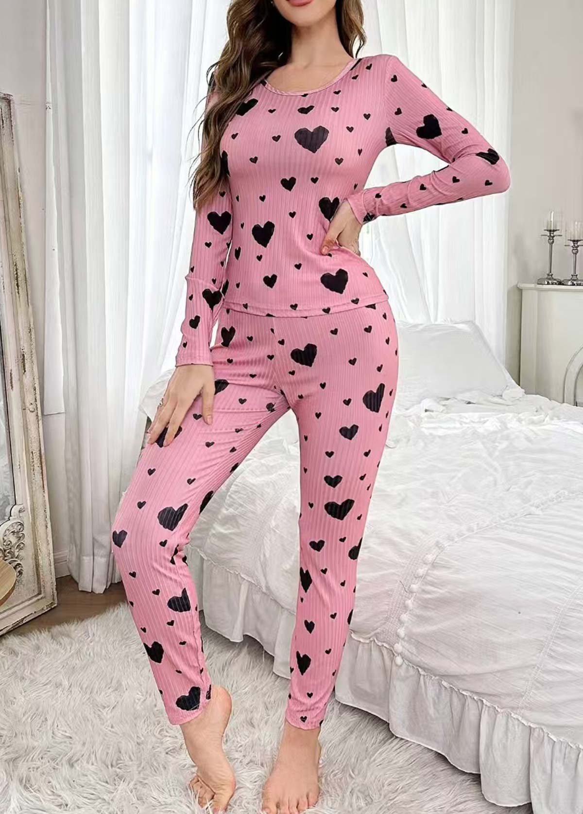 Pink Heart Print Long Sleeve Lounge Top and Pants | picture 