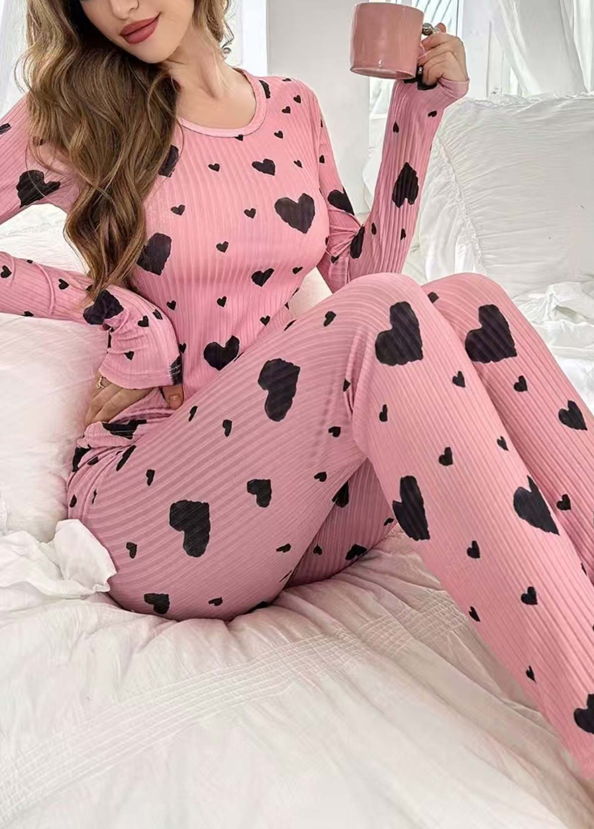 Pink Heart Print Long Sleeve Lounge Top and Pants | picture 