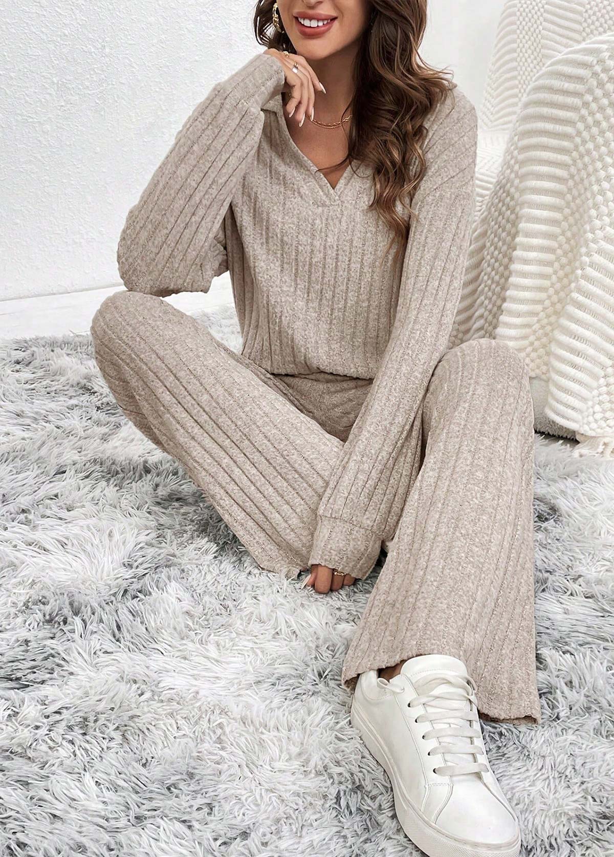 Gray Brown Long Sleeve Lounge Top and Pants | picture 