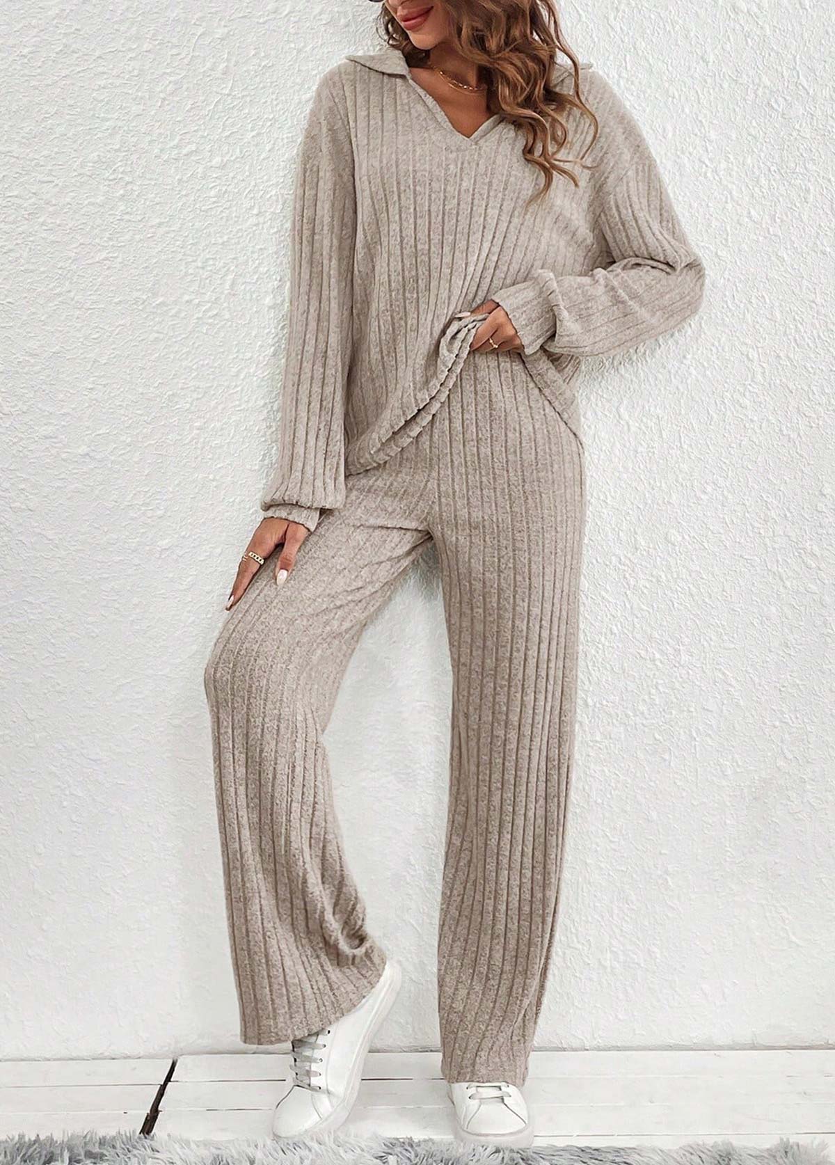 Gray Brown Long Sleeve Lounge Top and Pants | picture 