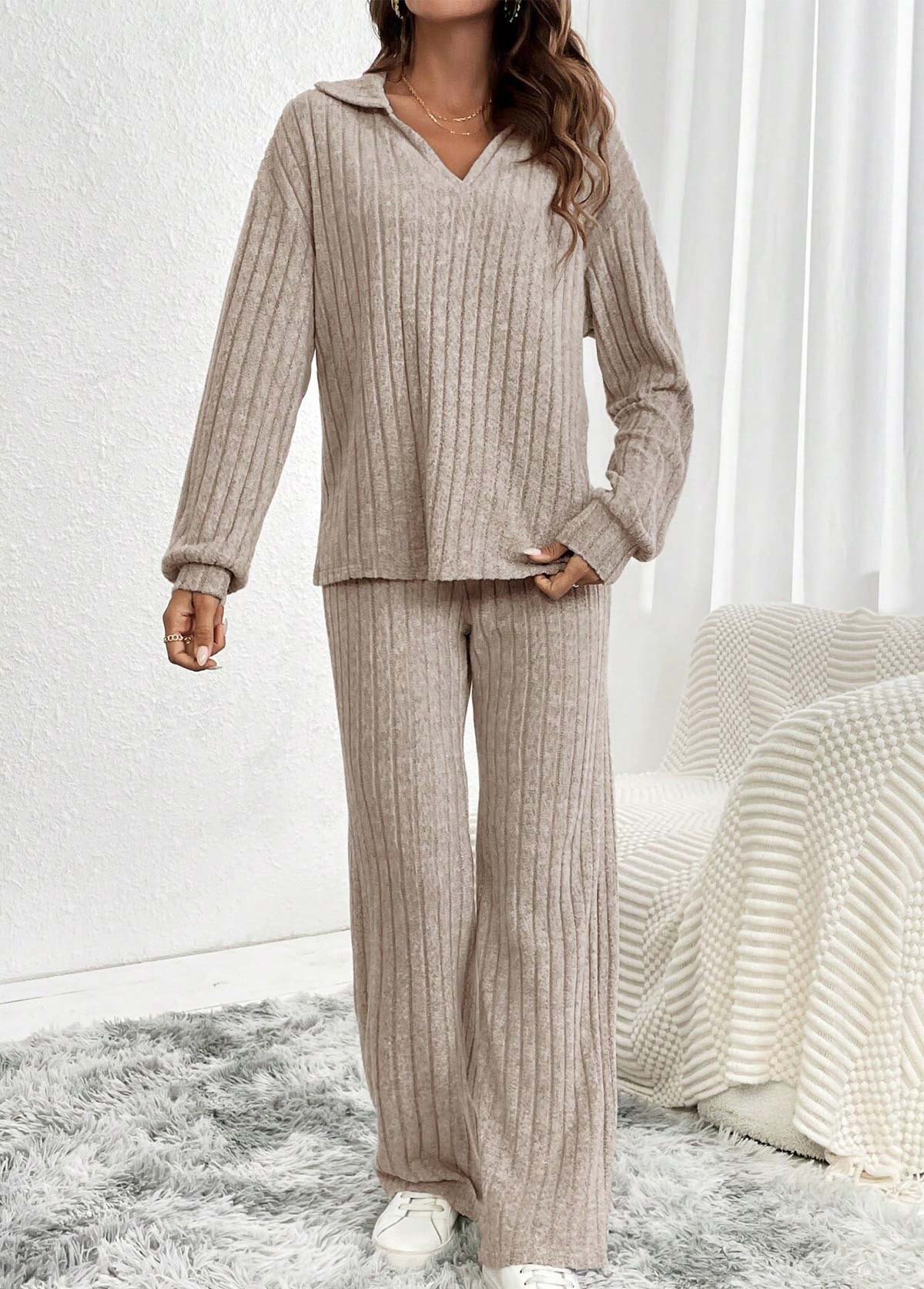Gray Brown Long Sleeve Lounge Top and Pants | picture 