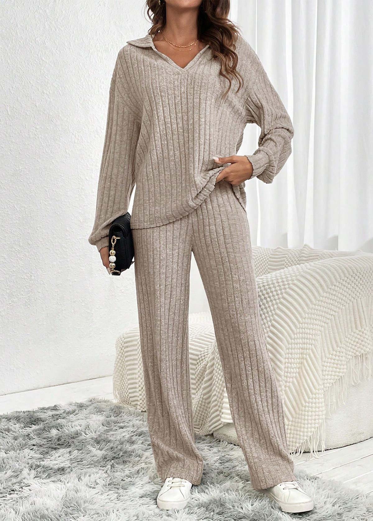 Gray Brown Long Sleeve Lounge Top and Pants | picture 