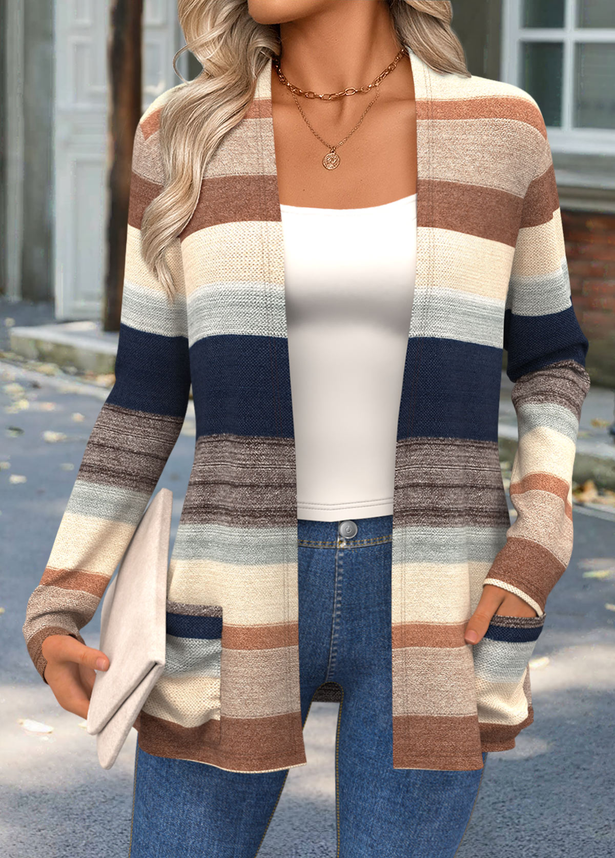 Multi Color Curved Hem Striped Long Sleeve Knit Cardigan | picture 