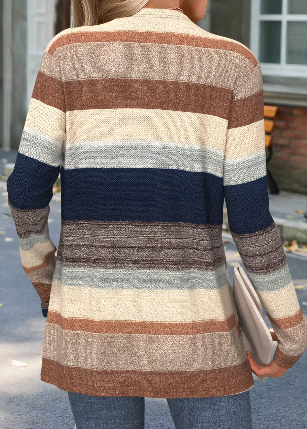 Multi Color Curved Hem Striped Long Sleeve Knit Cardigan | picture 