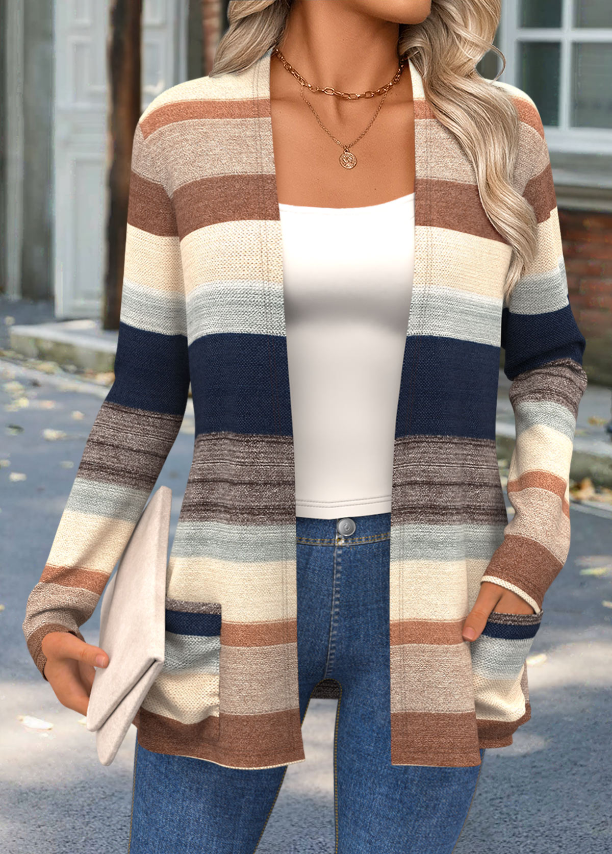 Multi Color Curved Hem Striped Long Sleeve Knit Cardigan | picture 