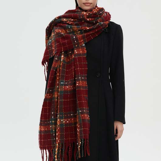 Deep Red Plaid Polyester Detail Scarf | picture 