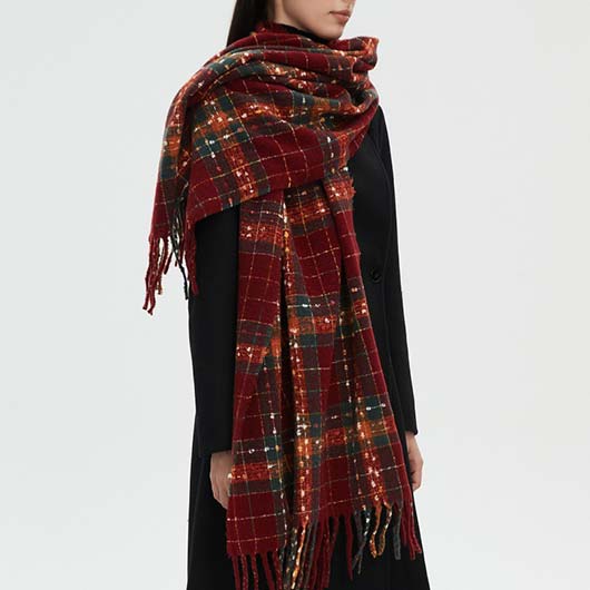 Deep Red Plaid Polyester Detail Scarf | picture 