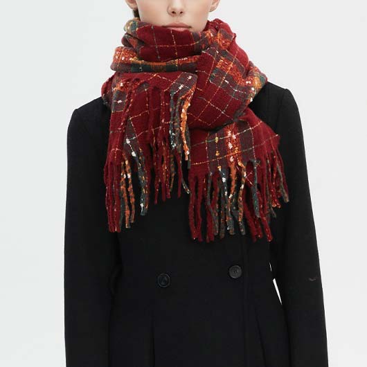 Deep Red Plaid Polyester Detail Scarf | picture 