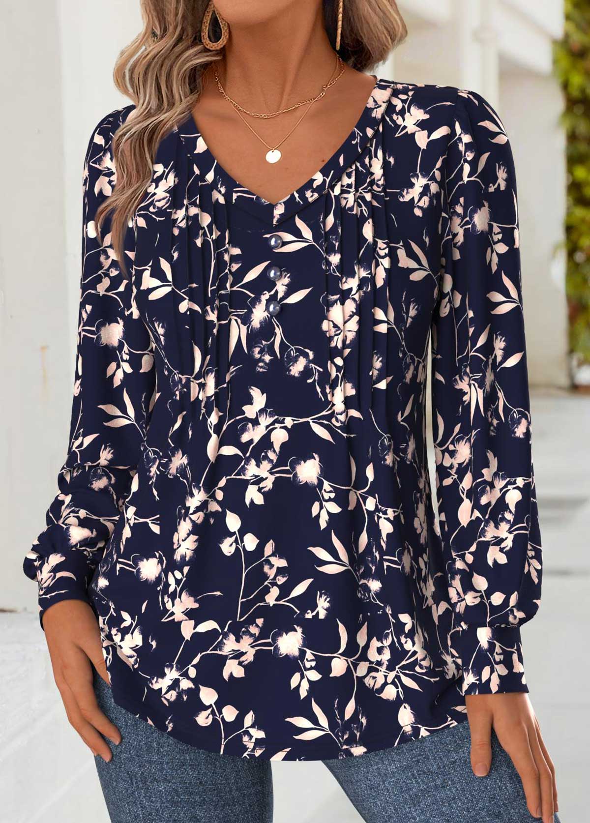 Navy Tummy Coverage Floral Print Long Sleeve T Shirt | picture 