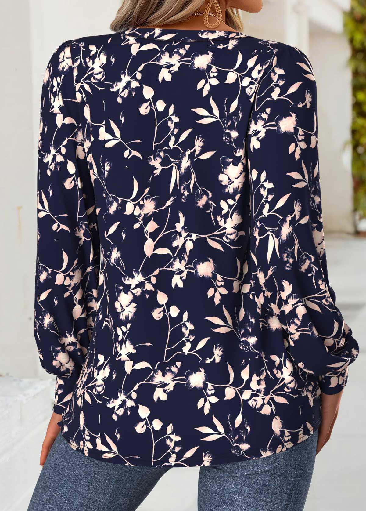 Navy Tummy Coverage Floral Print Long Sleeve T Shirt | picture 