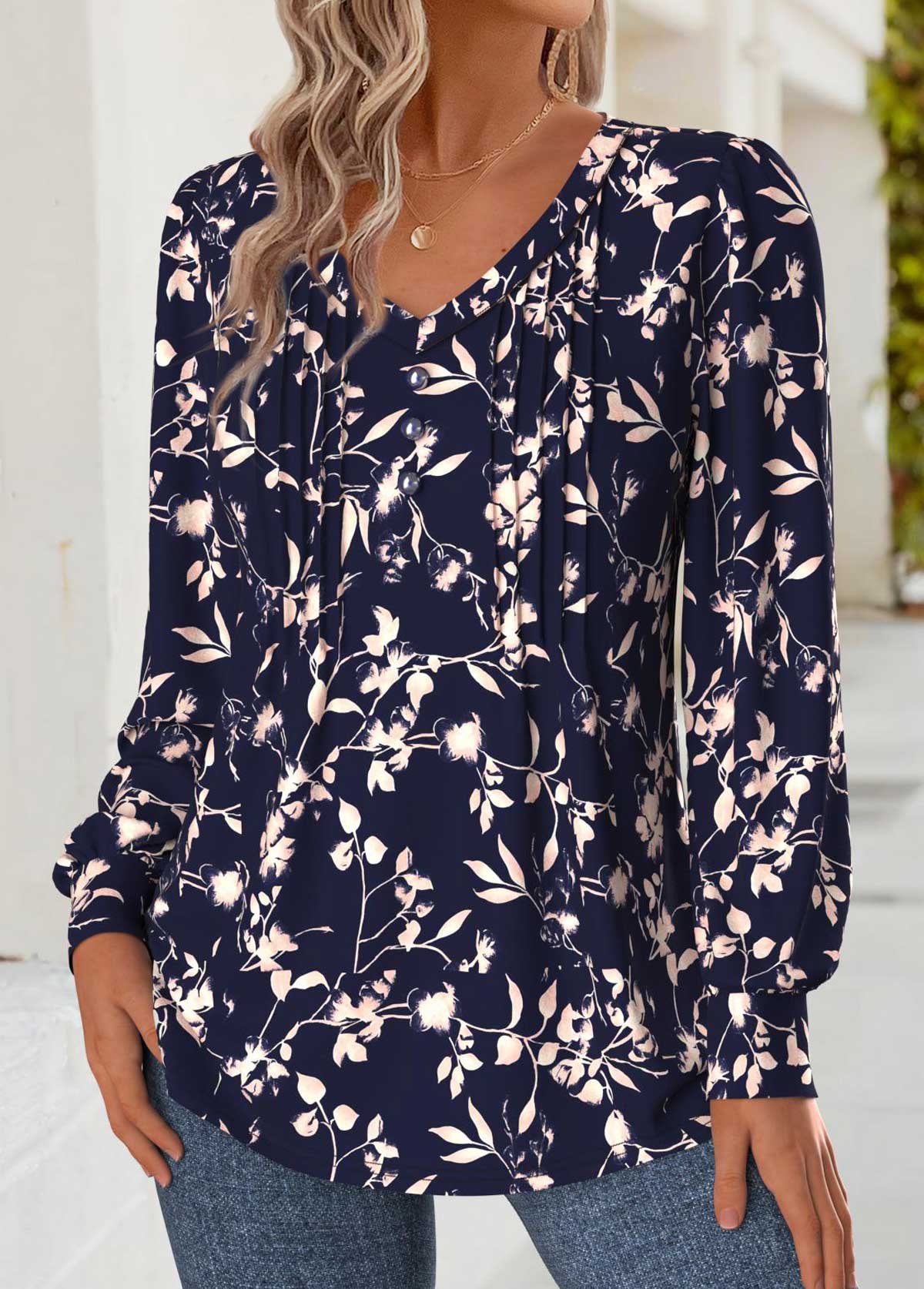 Navy Tummy Coverage Floral Print Long Sleeve T Shirt | picture 