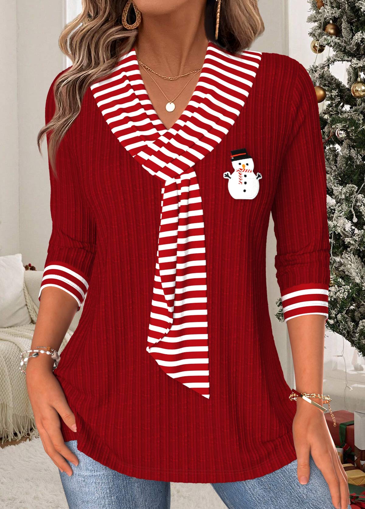 Christmas Wine Red Tummy Coverage Striped T Shirt | picture 