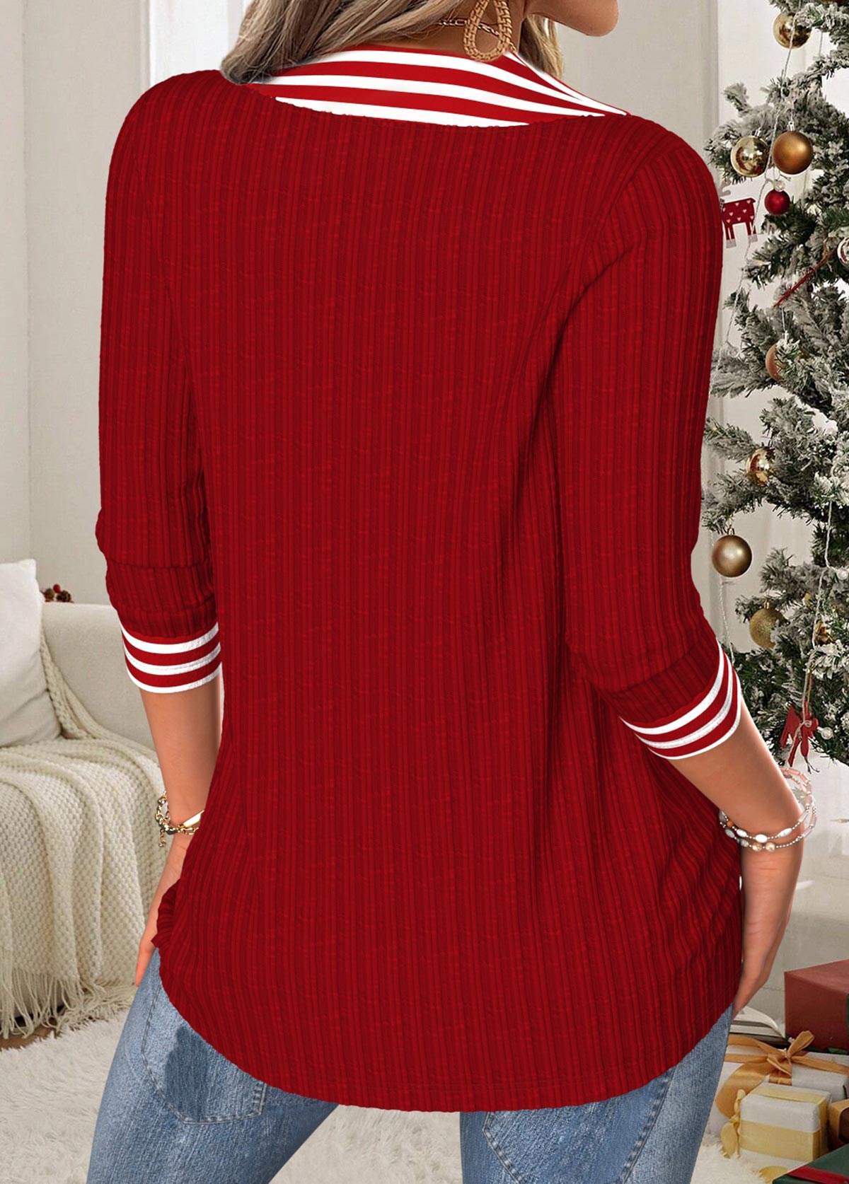 Christmas Wine Red Tummy Coverage Striped T Shirt | picture 