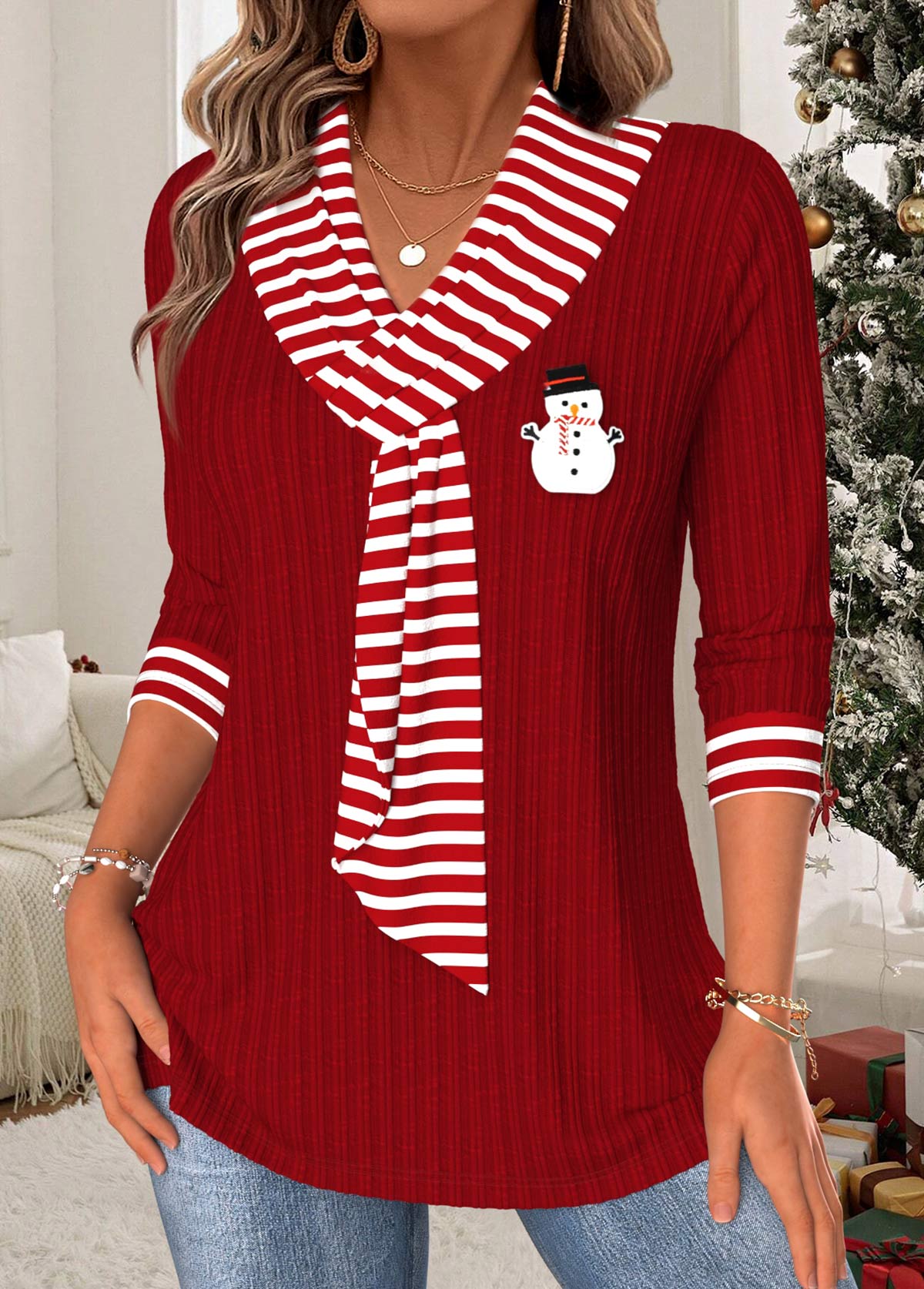 Christmas Wine Red Tummy Coverage Striped T Shirt | picture 