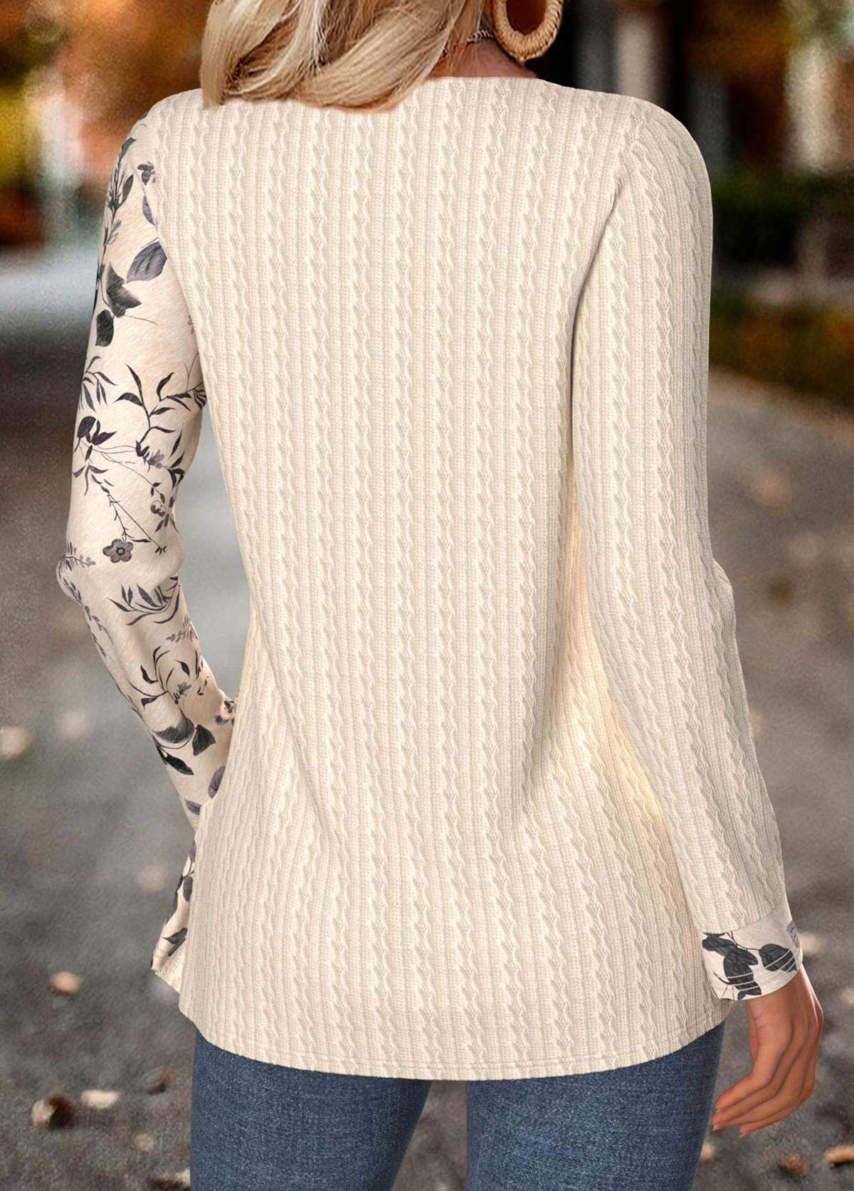 Beige Tummy Coverage Leaf Print Long Sleeve T Shirt | picture 