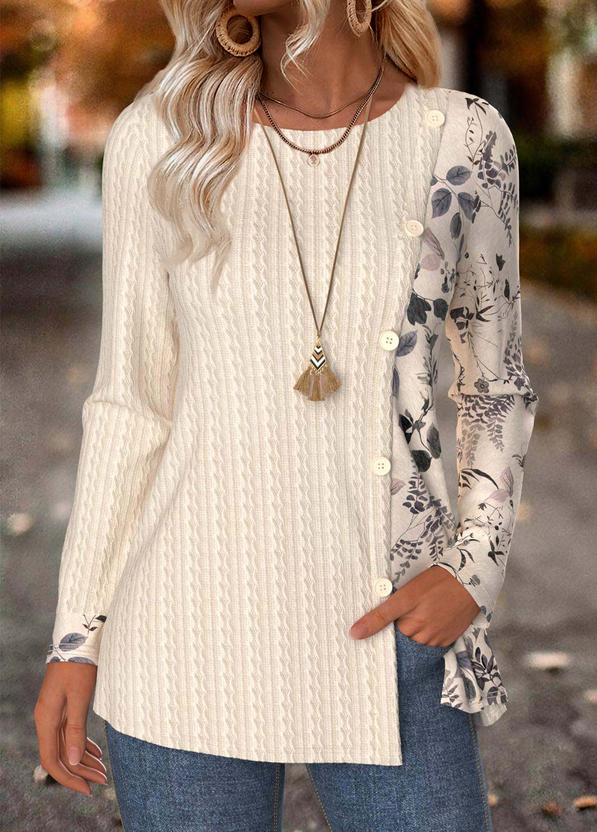 Beige Tummy Coverage Leaf Print Long Sleeve T Shirt | picture 
