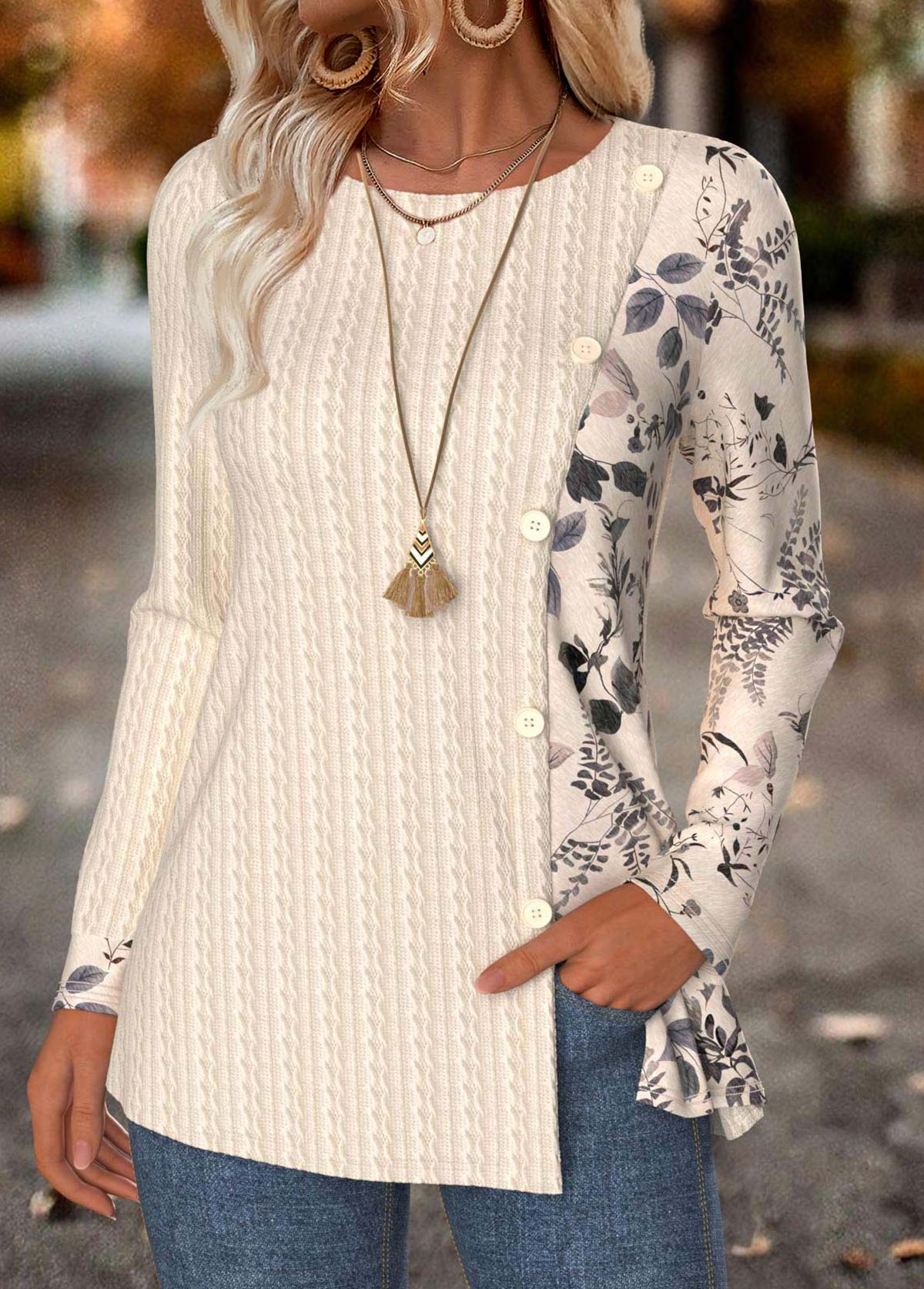 Beige Tummy Coverage Leaf Print Long Sleeve T Shirt | picture 