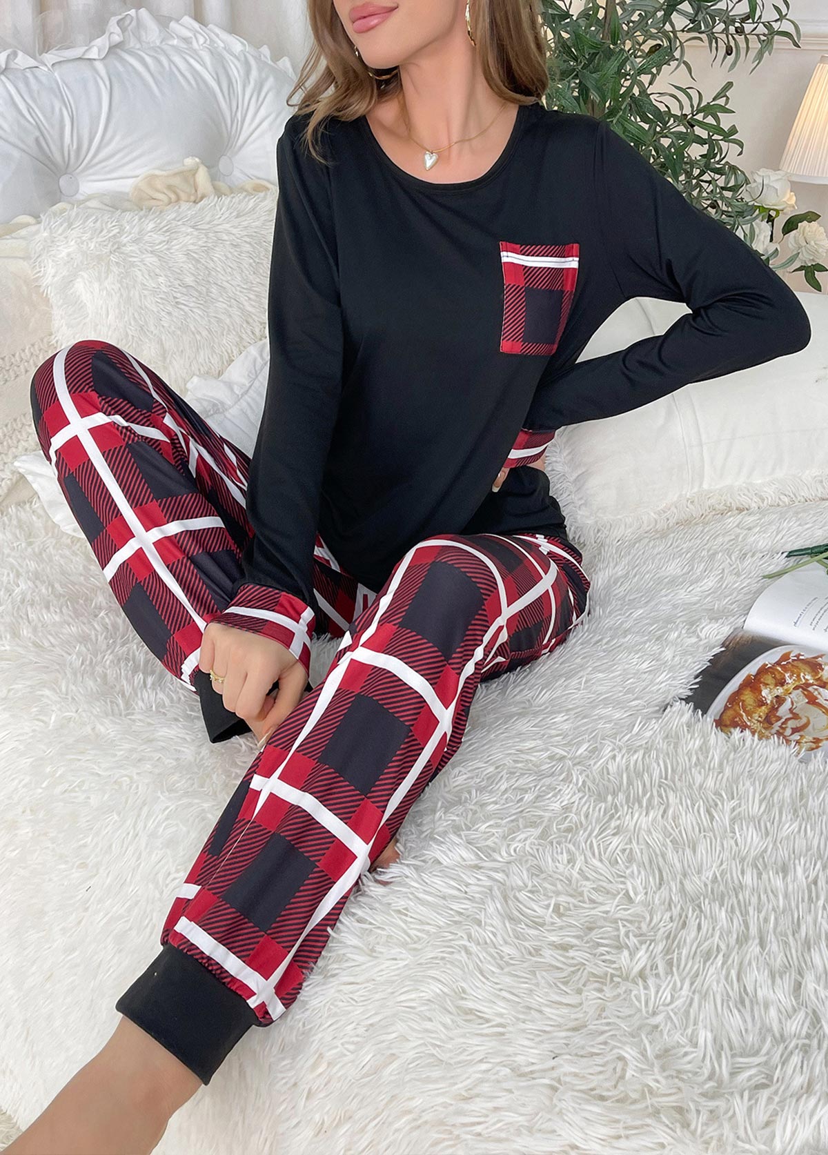 Black Plaid Long Sleeve Lounge Top and Pants | picture 
