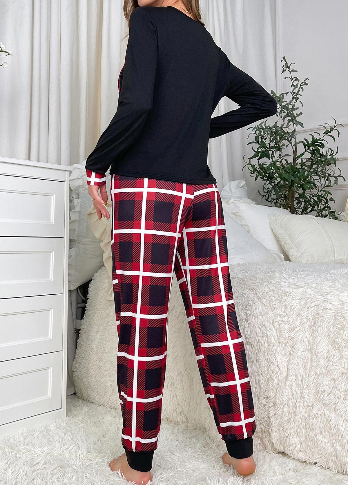 Black Plaid Long Sleeve Lounge Top and Pants | picture 