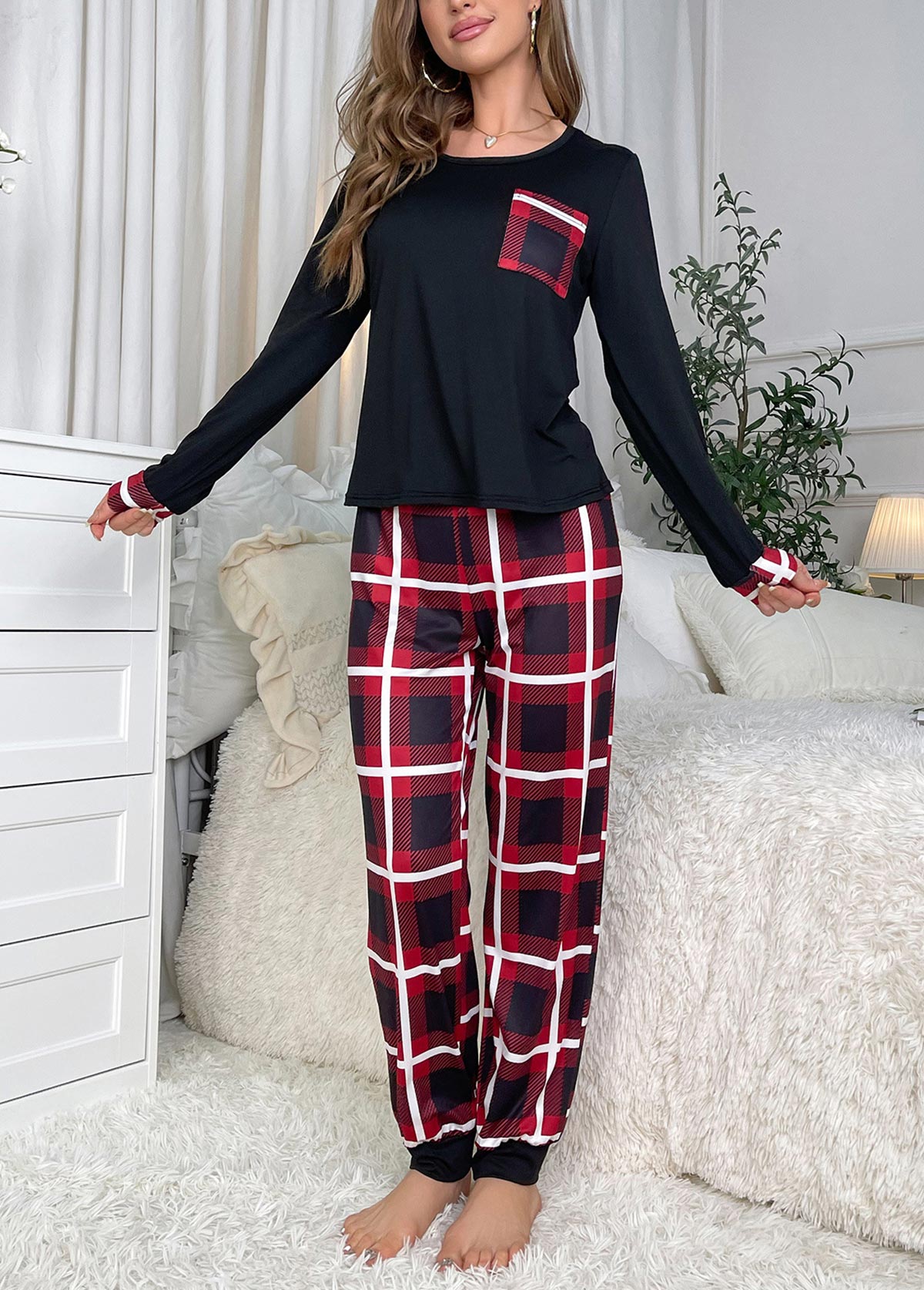 Black Plaid Long Sleeve Lounge Top and Pants | picture 