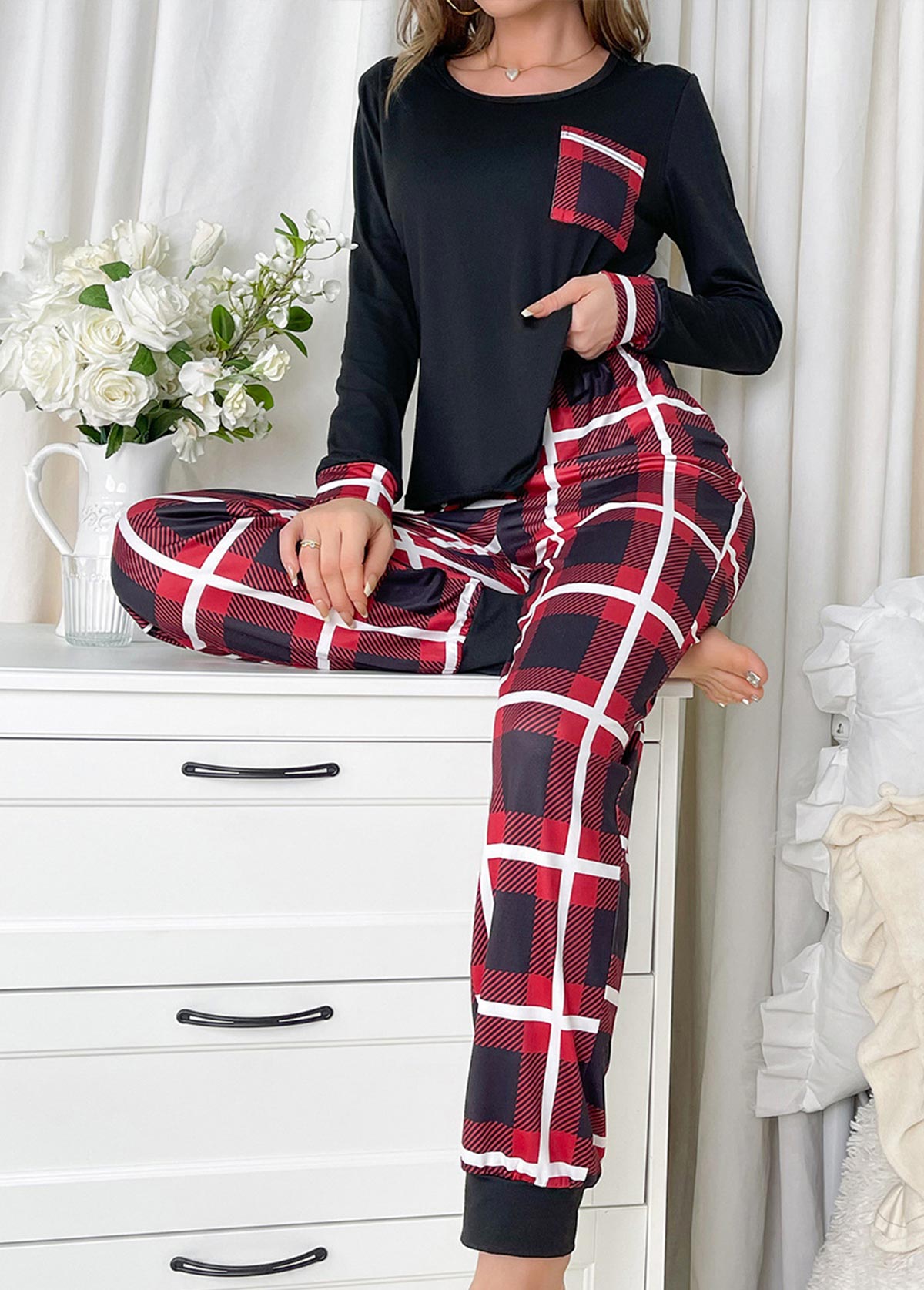 Black Plaid Long Sleeve Lounge Top and Pants | picture 