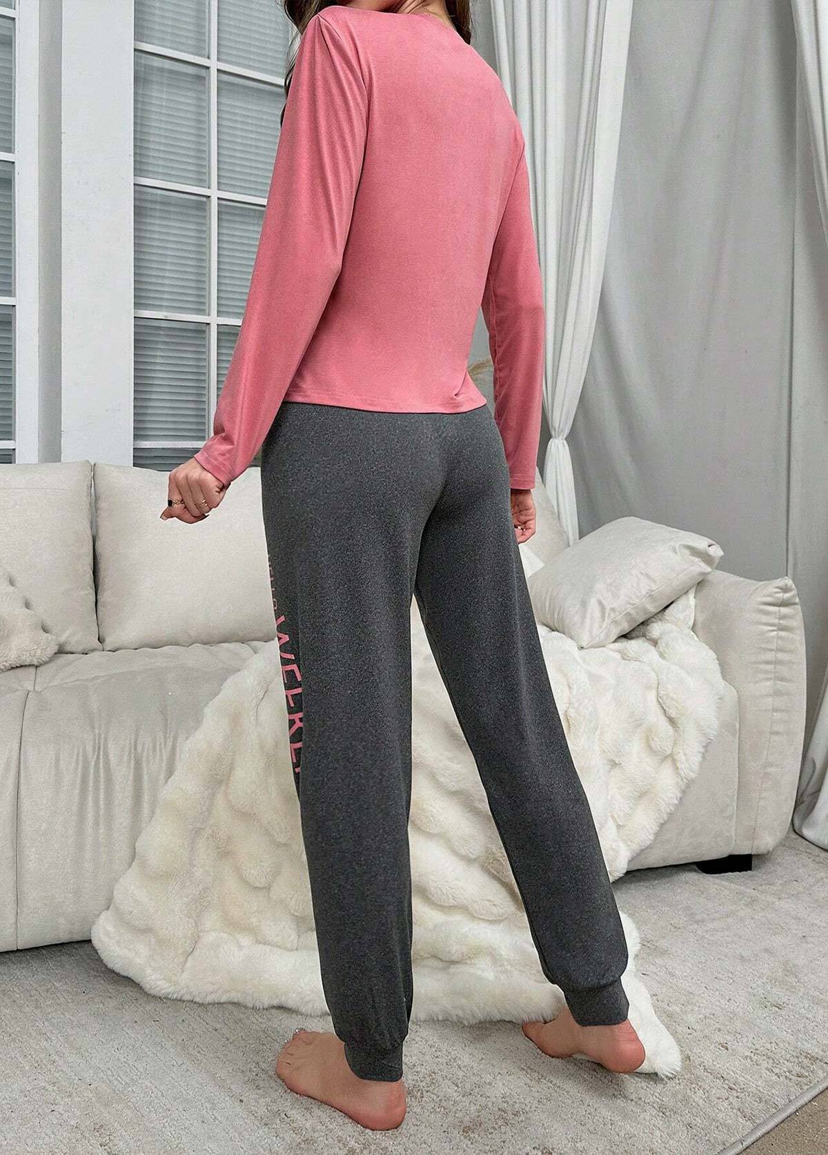 Pink Letter Print Long Sleeve Lounge Top and Pants | picture 