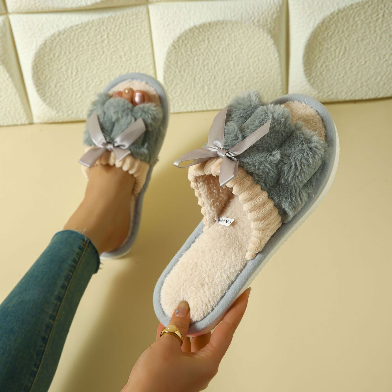 Grey Tweed Open Toe Falt Slippers | picture 