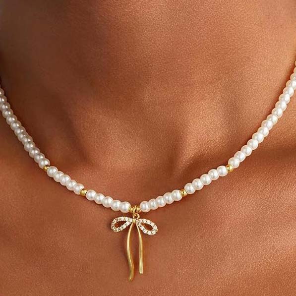 Golden Bow Design Pearl Beaded Necklace | picture 