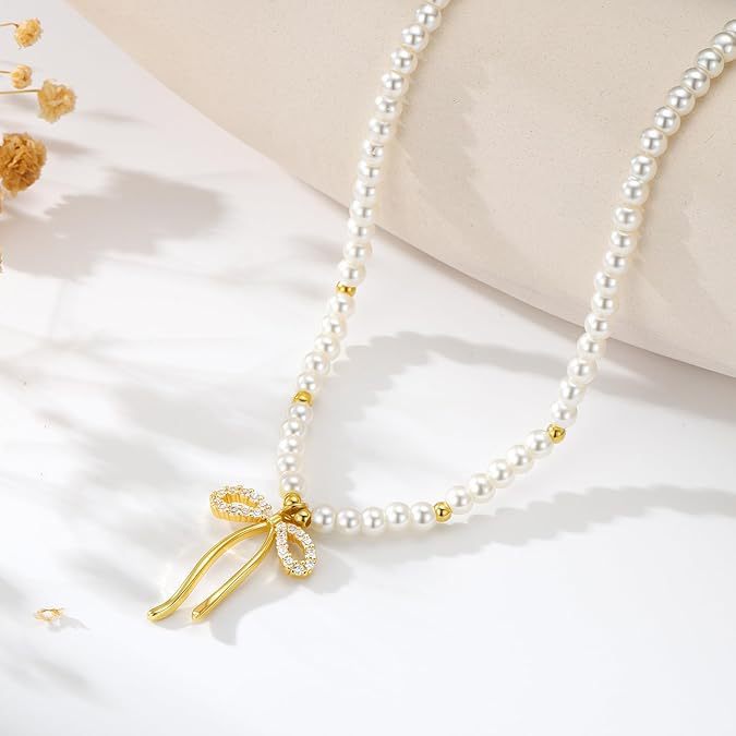 Golden Bow Design Pearl Beaded Necklace | picture 