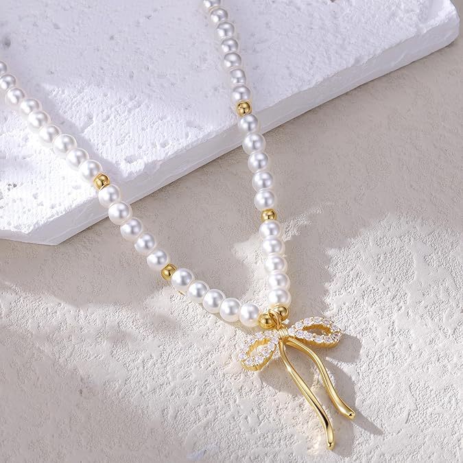 Golden Bow Design Pearl Beaded Necklace | picture 