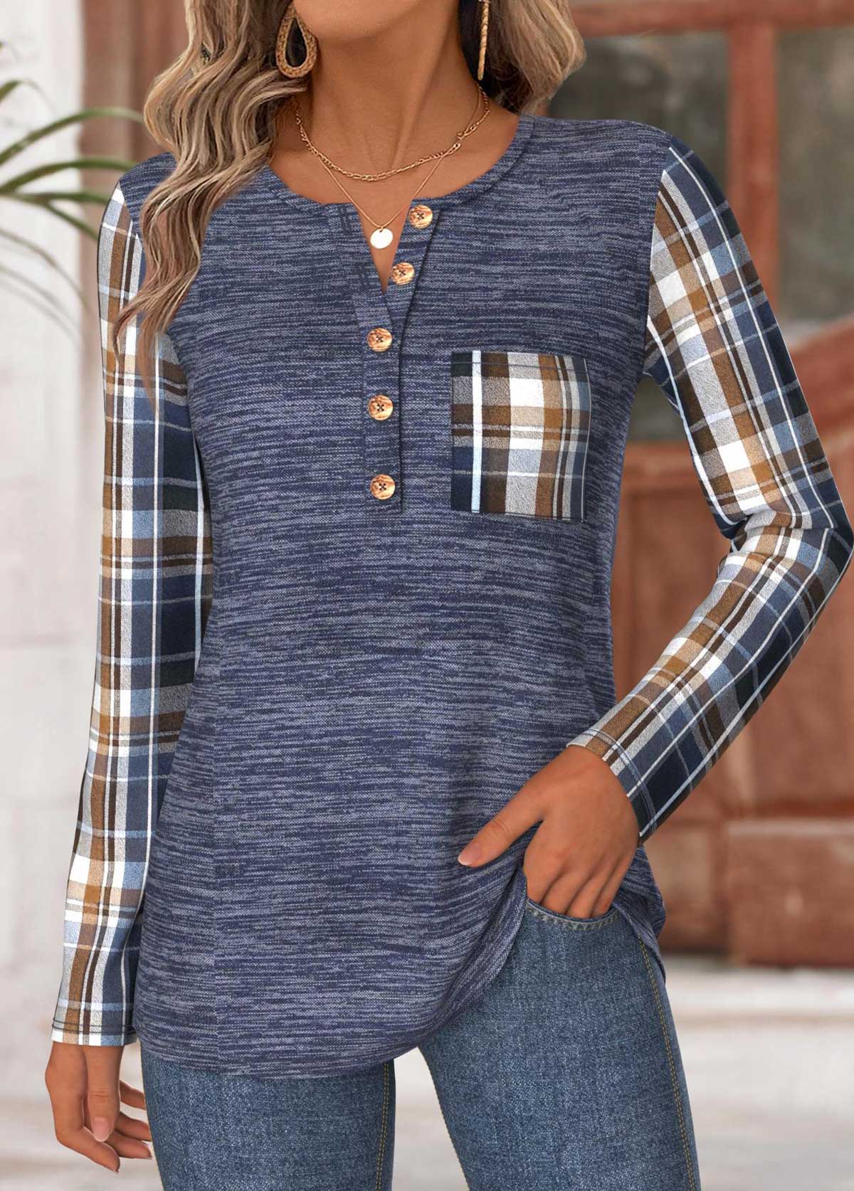 Navy Tummy Coverage Plaid Long Sleeve T Shirt | picture 