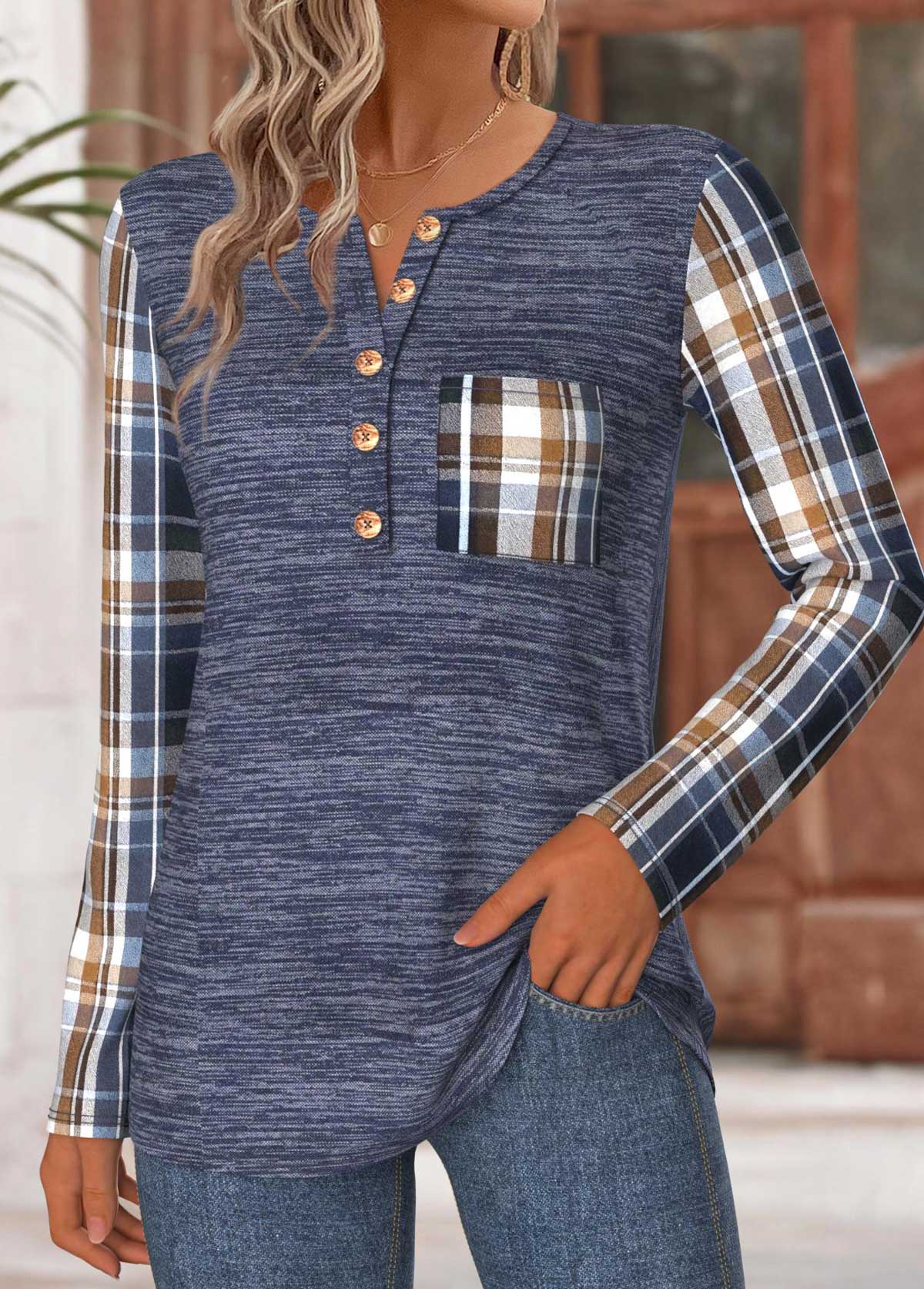 Navy Tummy Coverage Plaid Long Sleeve T Shirt | picture 