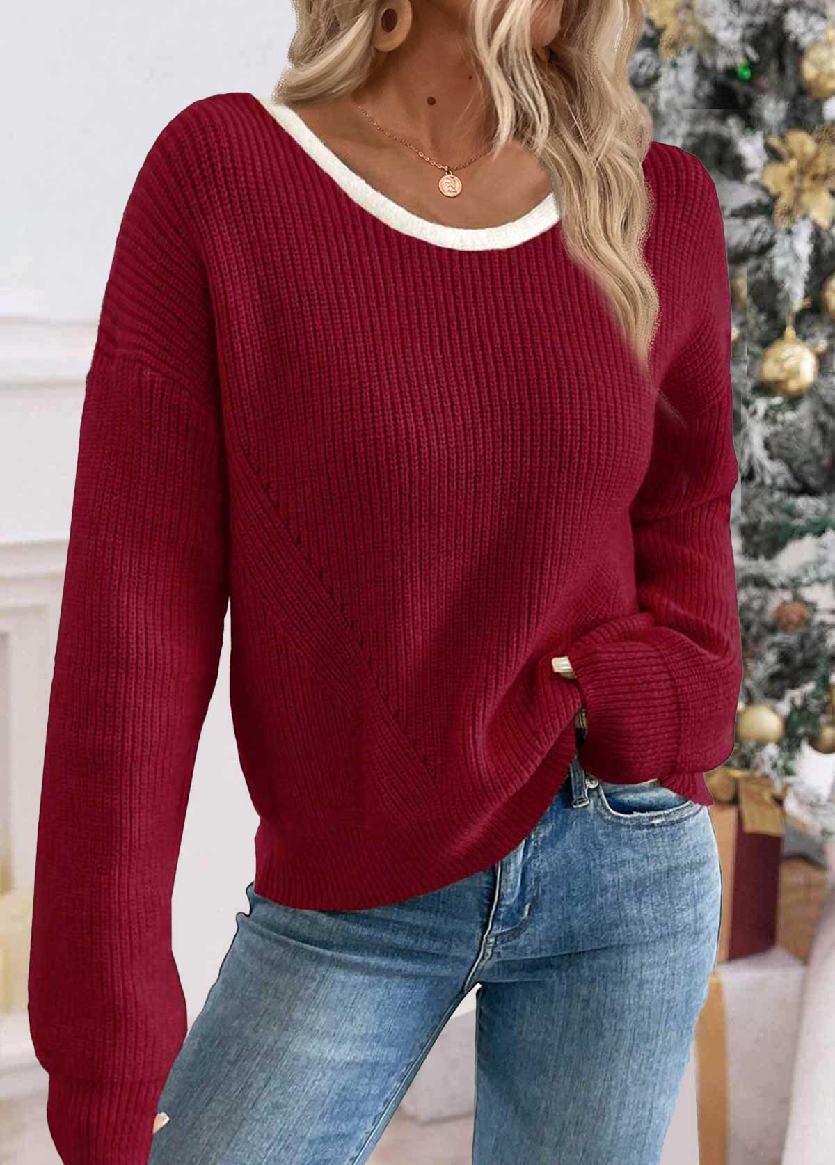 Wine Red Tummy Coverage Long Sleeve Round Neck Sweater | picture 