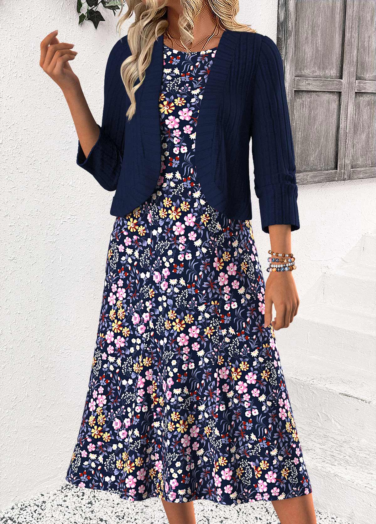 Navy Tummy Coverage Leaf Print Dress and Cardigan | picture 