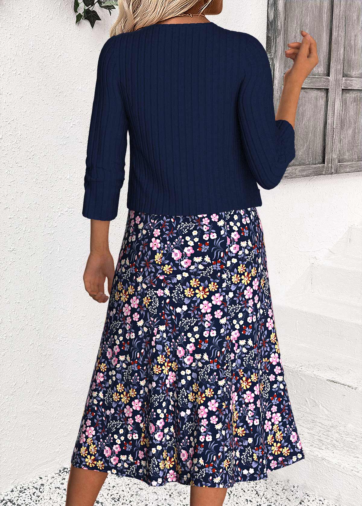 Navy Tummy Coverage Leaf Print Dress and Cardigan | picture 