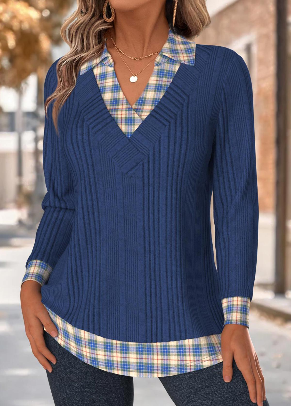 Navy Tummy Coverage Plaid Long Sleeve T Shirt | picture 