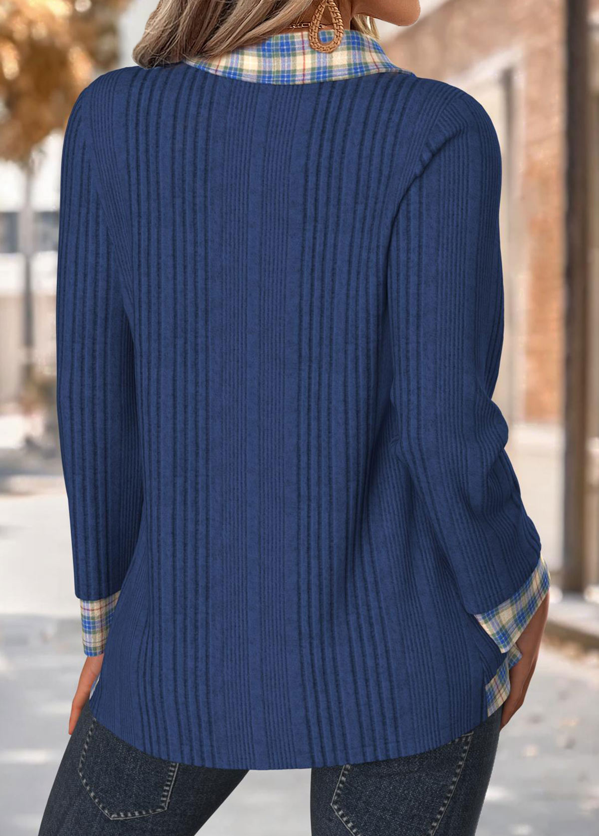 Navy Tummy Coverage Plaid Long Sleeve T Shirt | picture 