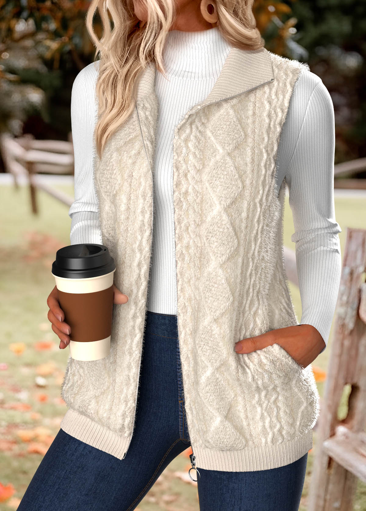 Modlily Beige Double Side Pockets Sleeveless Stand Collar Waistcoat - XL