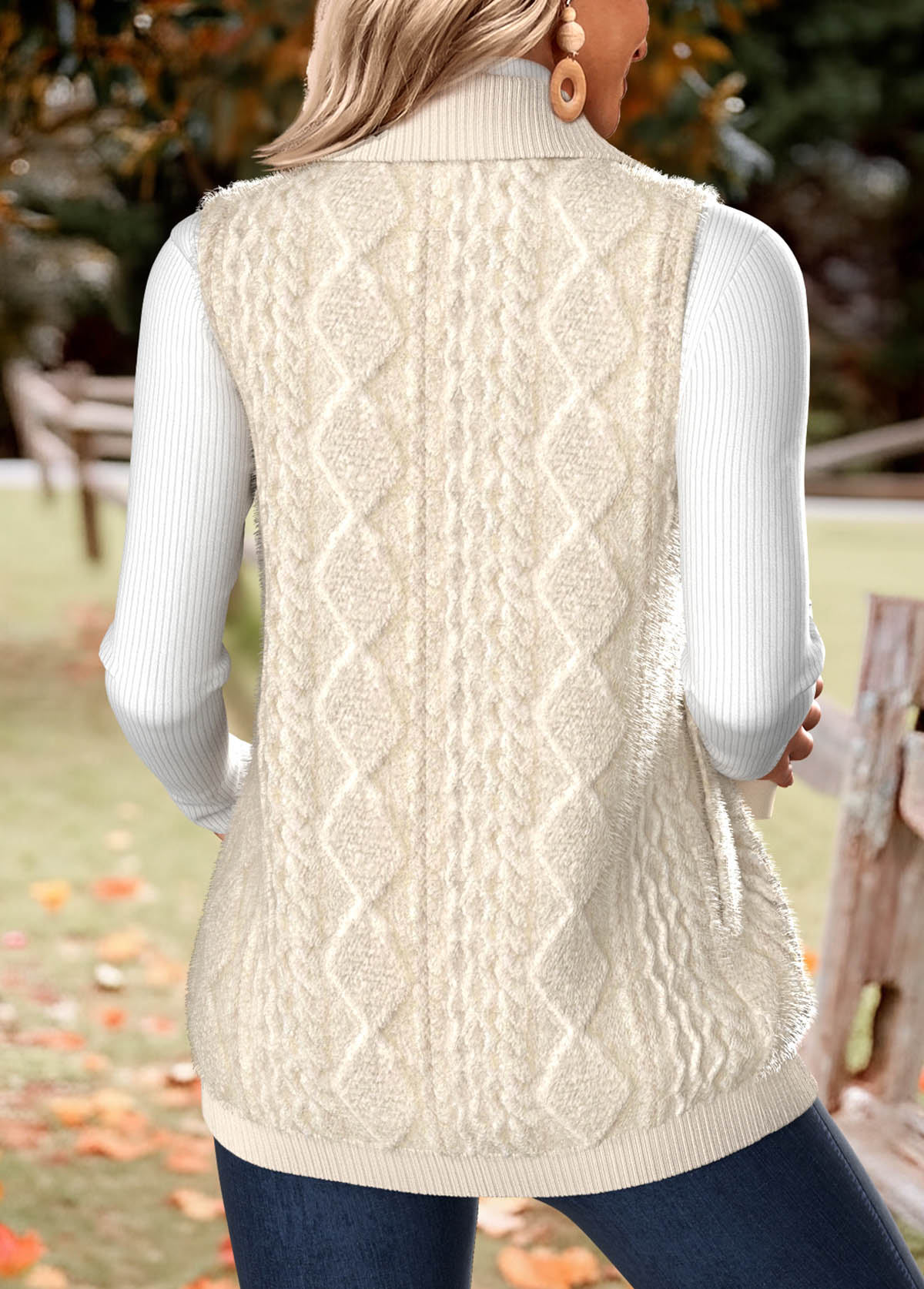 Beige Double Side Pockets Sleeveless Stand Collar Waistcoat | picture 