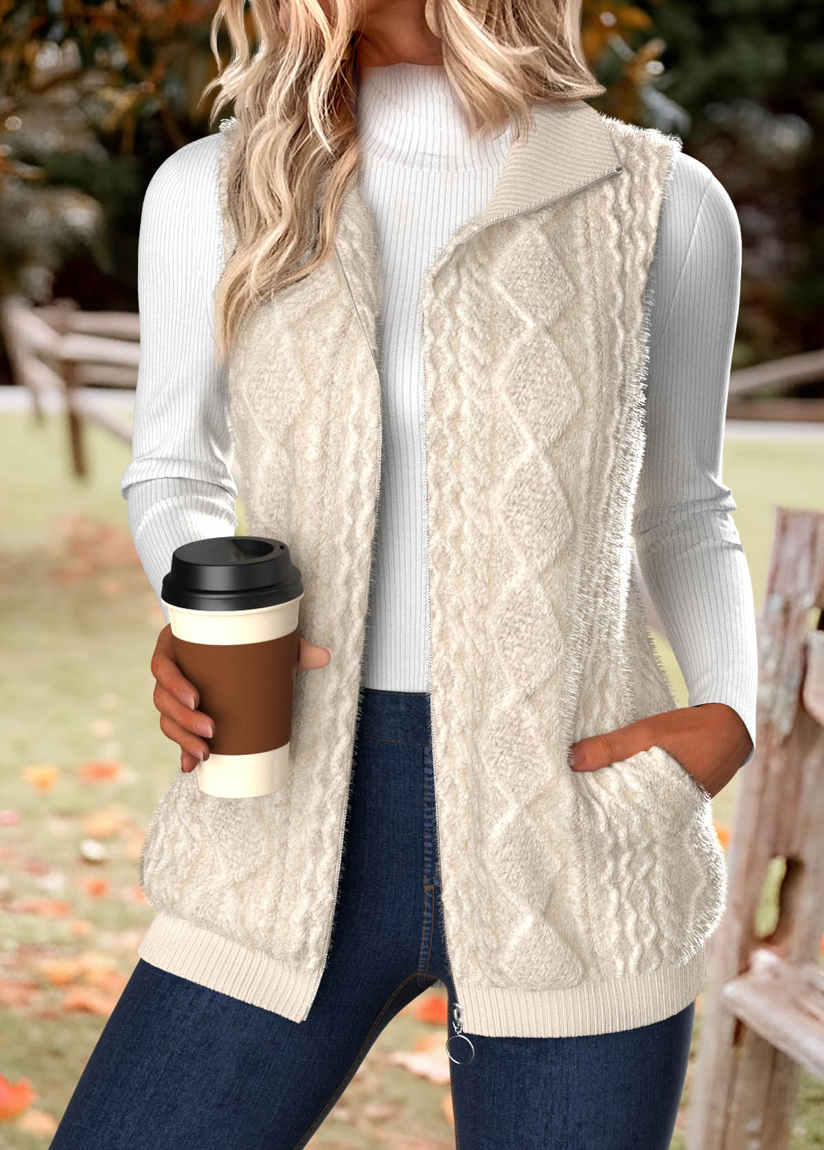 Beige Double Side Pockets Sleeveless Stand Collar Waistcoat | picture 