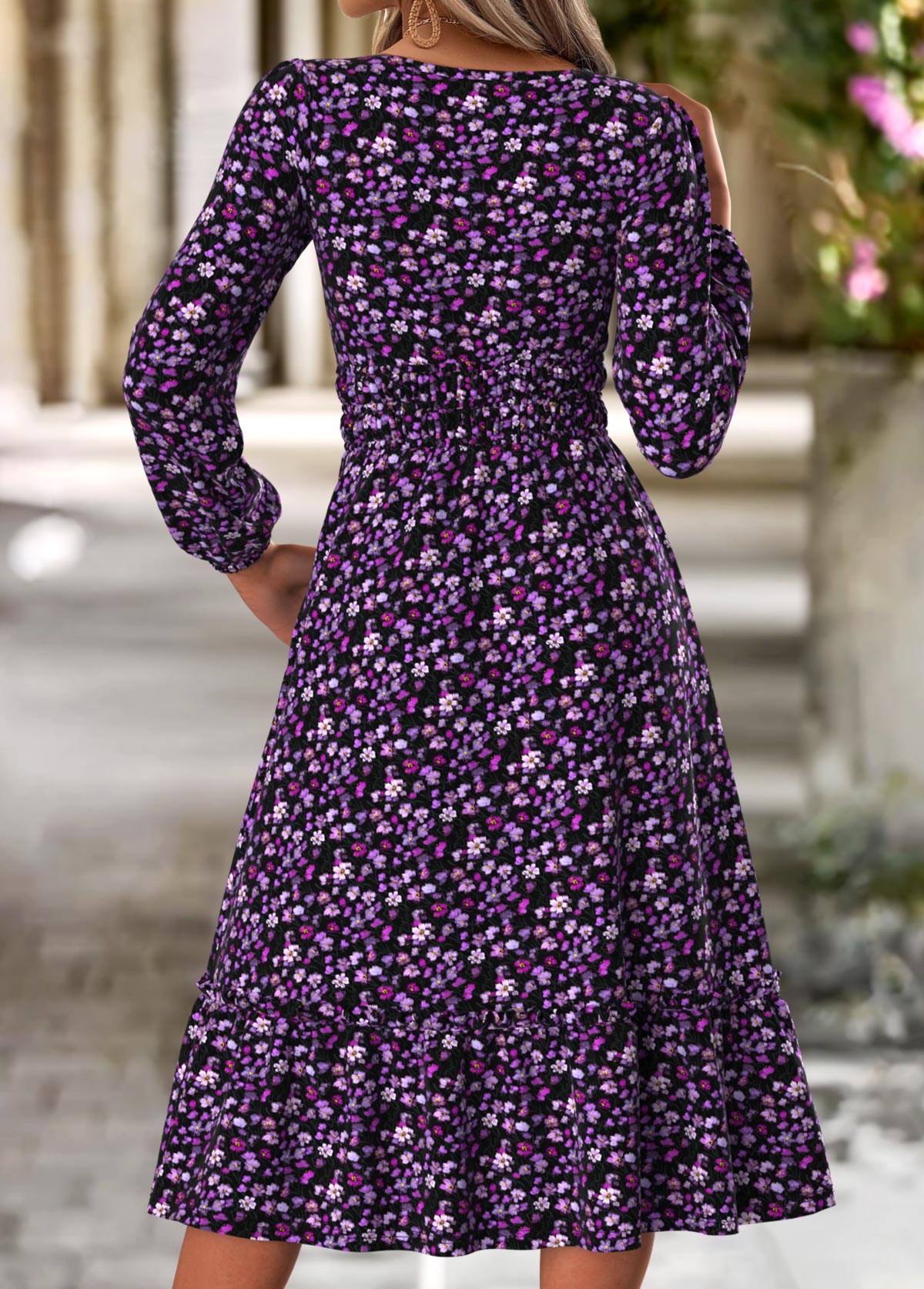 Purple Double Side Pockets Ditsy Floral Print Dress | picture 
