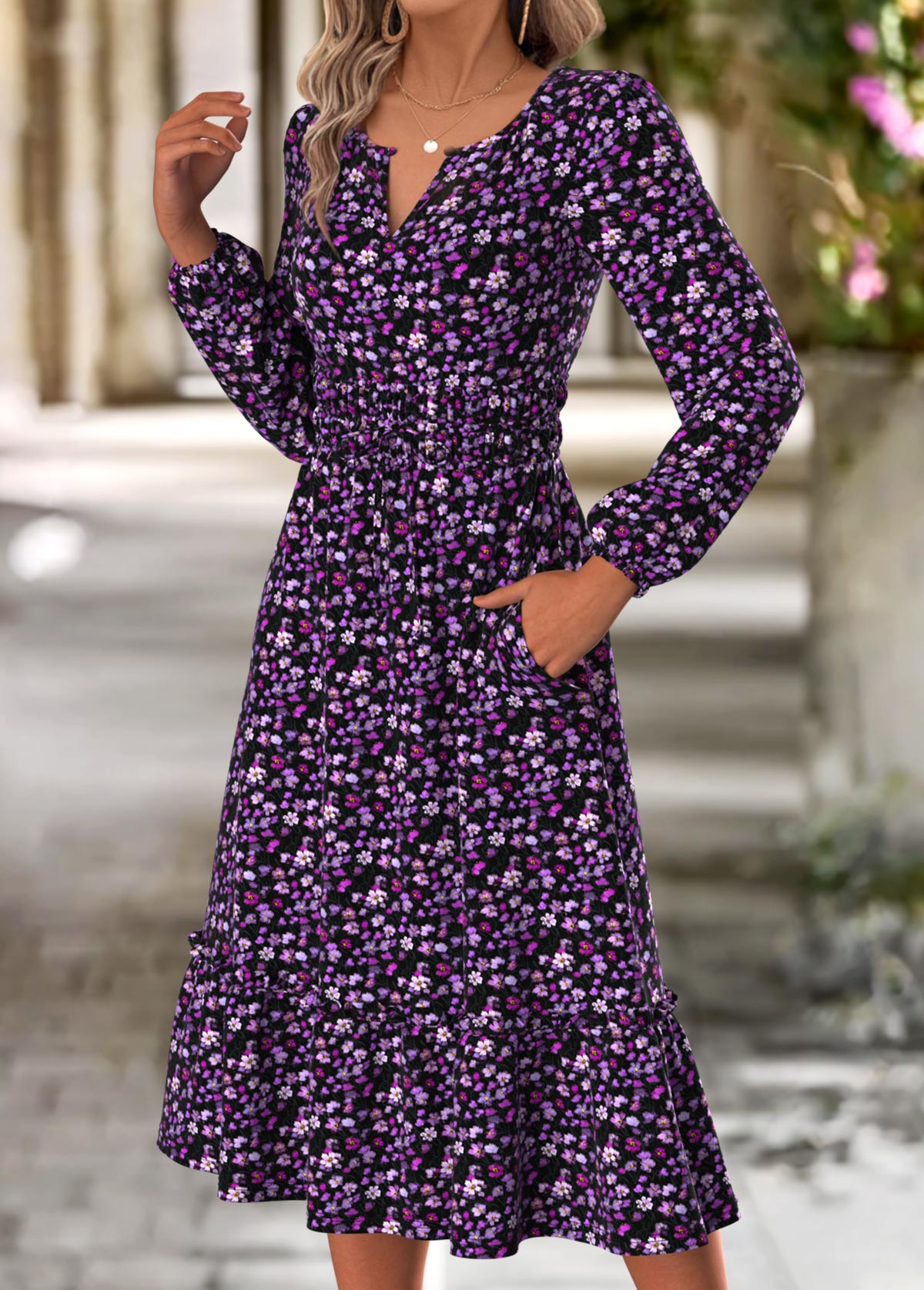 Purple Double Side Pockets Ditsy Floral Print Dress | picture 