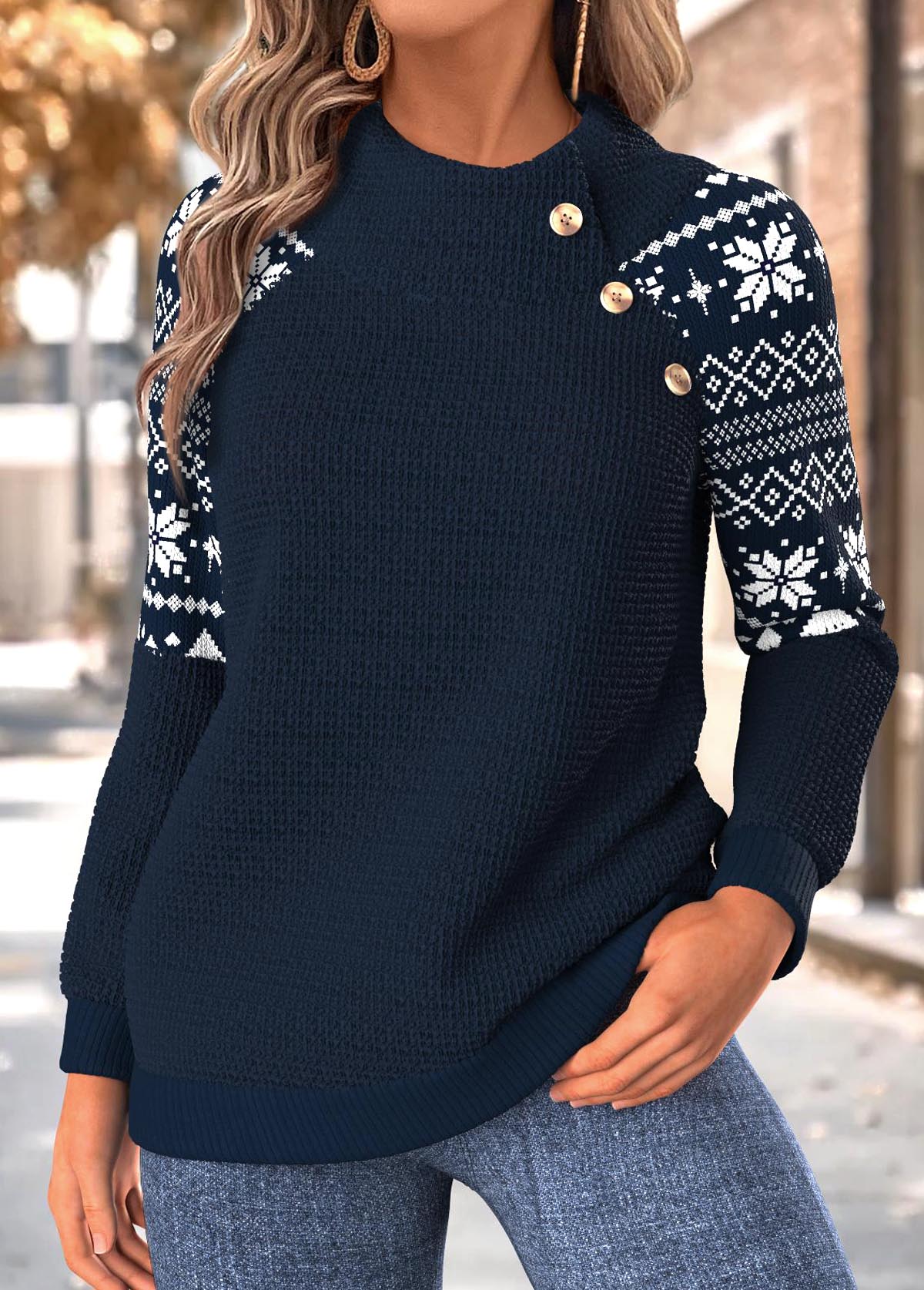 Navy Tummy Coverage Fair Isle Print Long Sleeve Sweatshirt | picture 