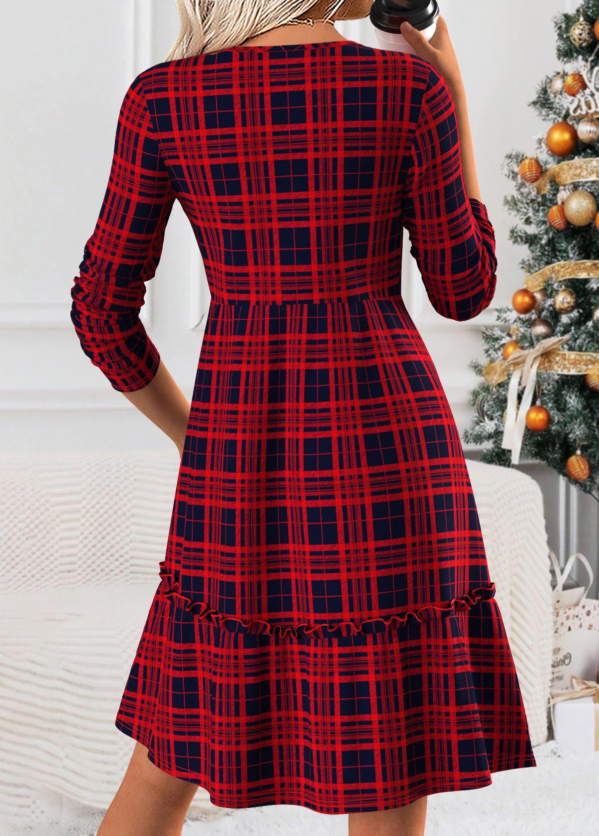 Wine Red Tummy Coverage Plaid Long Sleeve Dress | picture 