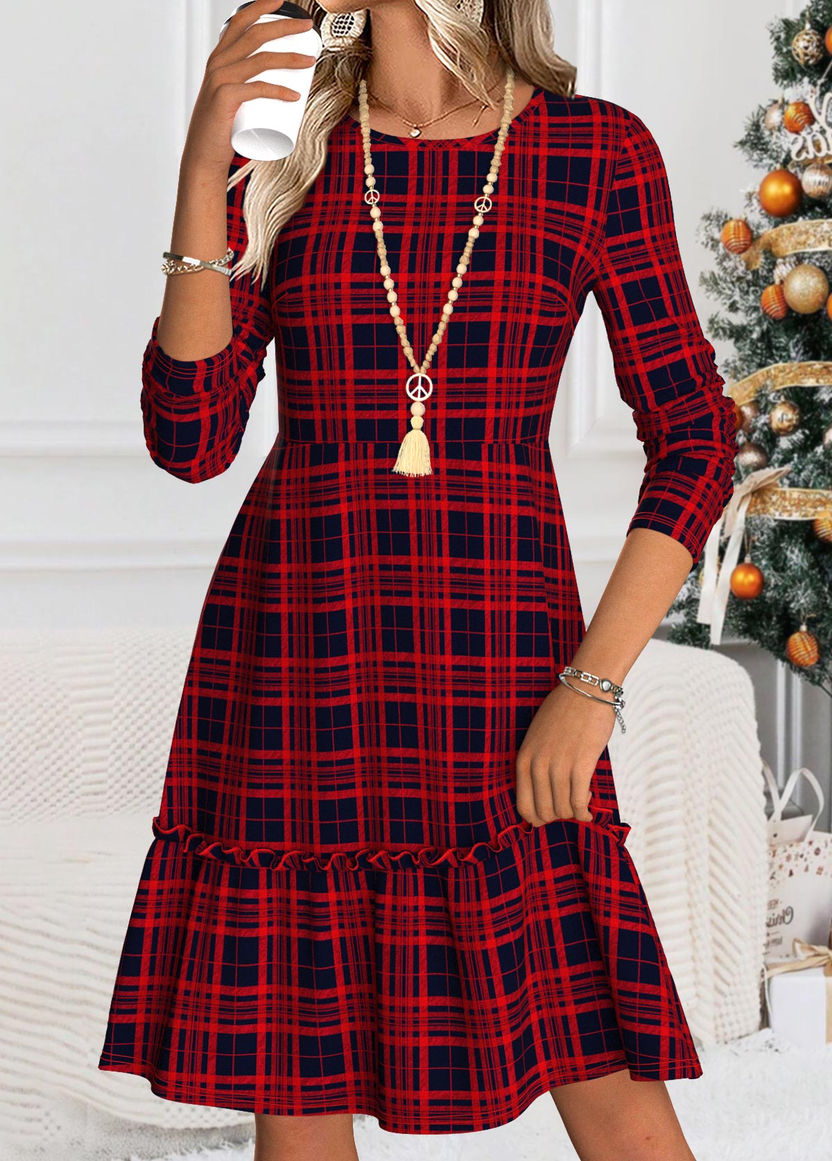 Wine Red Tummy Coverage Plaid Long Sleeve Dress | picture 